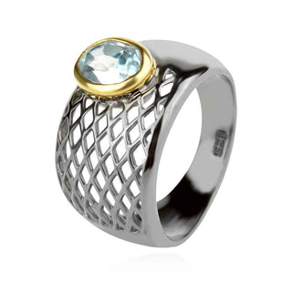 сребърен пръстен, покритие от рутений и позлата, аквамарин,