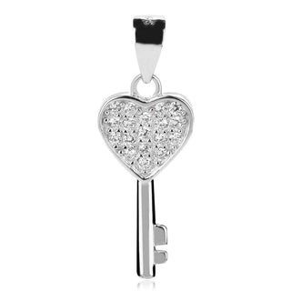 нежен сребърен медальон, ключ сърце, цирконии, родиево покритие,