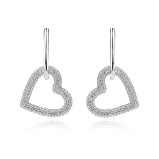 сребърни обеци, цирконий, родиево покритие, висящи обеци, сърце