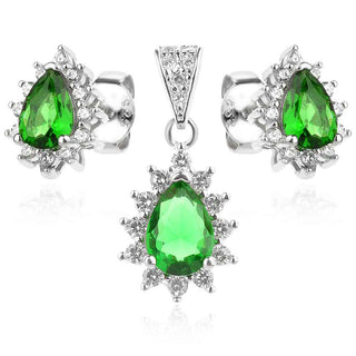 сребърен комплект, цирконий, родиево покритие, зелен циркон, капка,