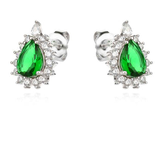 сребърни обеци, зелен и бял циркон, родиево покритие