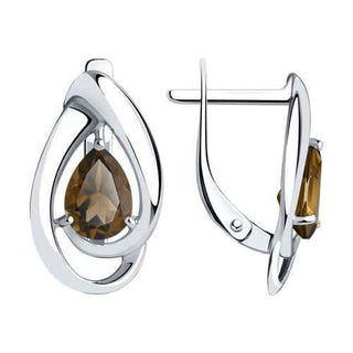 елегантни сребърни обеци, опушен кварц, родиево покритие, Sokolov