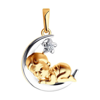 златен медальон, бяло и жълто злато, диаманти, бебе, луна