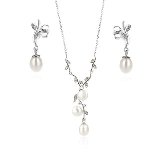сребърен комплект, бяла перла, цирконий, родиево покритие, подходящ за повод,