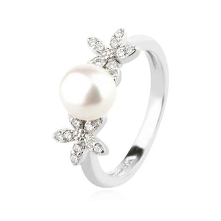 сребърен пръстен, бяла перла, цирконий, родиево покритие,