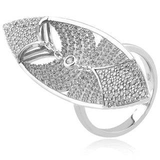 луксозен сребърен пръстен, абстрактна форма, цирконии, родиево покритие,