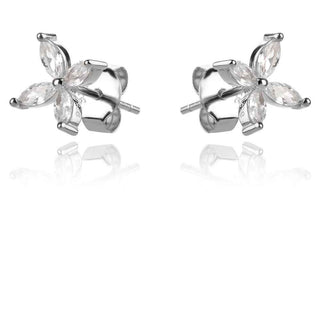 нежни сребърни обеци, цвете, цирконии, родиево покритие