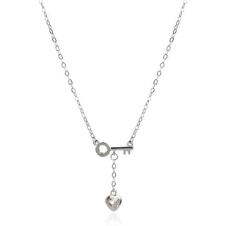 нежно сребърно колие, ключ, сърце, цирконий, родиево покритие,