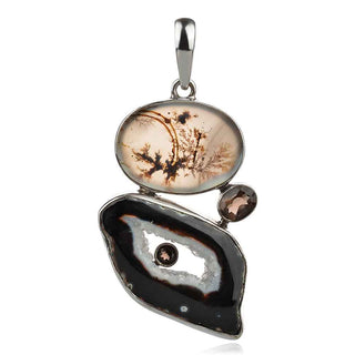 сребърен медальон, друза ахат, мъхов ахат, опушен кварц