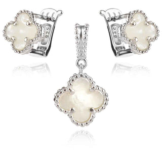 нежен сребърен комплект, цвете, бял седеф, родиево покритие