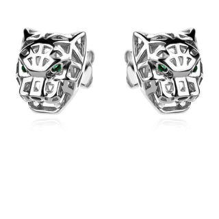 сребърни обеци, цирконий, родиево покритие, по модел на Cartier, пантера