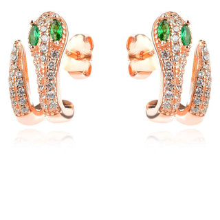 сребърни обеци, змия, по модел на Bvlgari, цирконий, розова пoзлата,