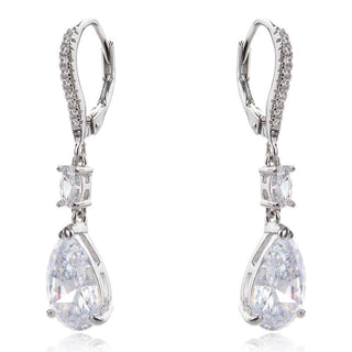 висящи сребърни обеци, капка, бял циркон, родиево покритие