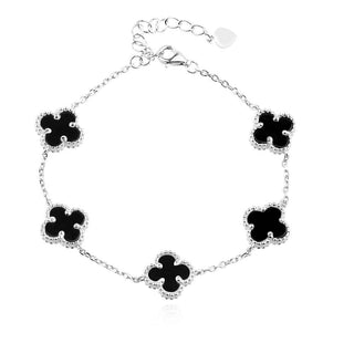 сребърна гривна, синтетичен оникс, родиево покритие, цвете