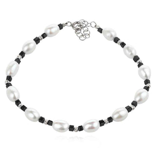 сребърна гривна, черен кварц, перла