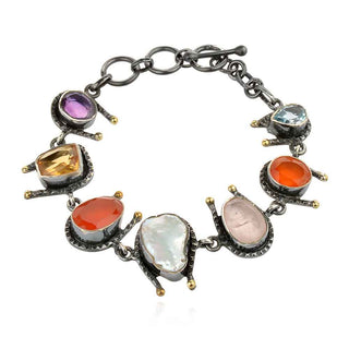 сребърна гривна, естествени камъни, перла Барок, покритие от рутений и позлата, аметист, цитрин, розов кварц, карнеол, син топаз