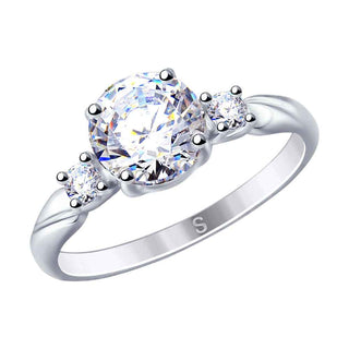 сребърен пръстен, тип годежен, родиево покритие, CZ Swarovski Граф Орлов, sokolov,