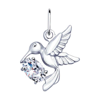 нежен сребърен медальон, птиче, колибри, цирконии, родиево покритие, sokolov,