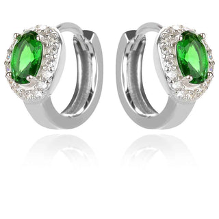 нежни сребърни обеци, малка халка, зелен циркон, родиево покритие