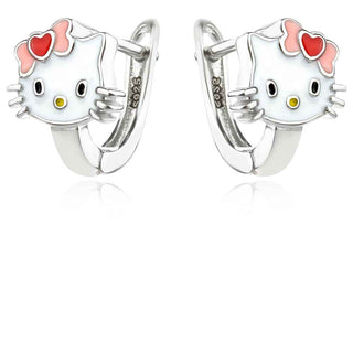 сребърни обеци, коте Hello Kitty, емайл, подходящи за дете, родиево покритие,