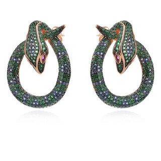 сребърни обеци, цветен цирконий, розова позлата, змия, по модел на Bvlgari,