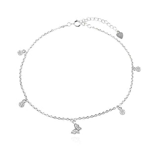 сребърна гривна за глезен, цирконий, родиево покритие, висящи елементи