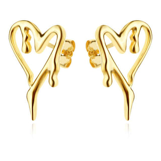 сребърни обеци, без камък, сърце, жълта позлата