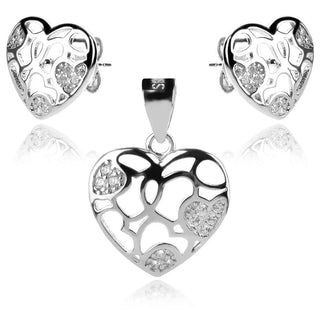сребърен комплект, сърце, цирконии, родиево покритие,