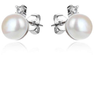 сребърни обеци, бяла перла , цирконий, родиево покритие,