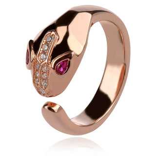 сребърен пръстен с розова позлата , змия , цирконии , червен цирконии