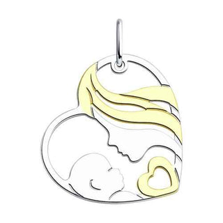 нежен сребърен медальон, майка и дете, сърце, родиево покритие, жълта позлата, sokolov,