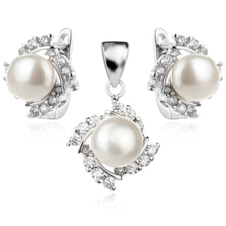 сребърен комплект, перла, цирконий, родиево покритие,