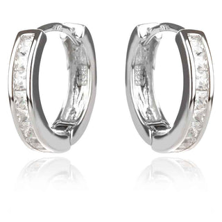 сребърни обеци, тип халка, циркон багета, родиево покритие