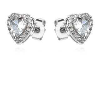 сребърни обеци, цирконий, сърце, родиево покритие