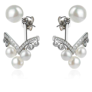 сребърни обеци, обеци 2 в 1, бяла перла, цирконий, родиево покритие,