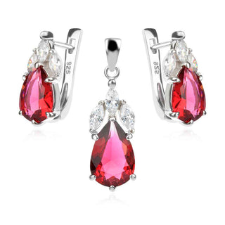 сребърен комплект, червен и бял циркон, родиево покритие, капка,