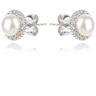 нежни сребърни обеци, бяла перла, цирконии, родиево покритие,