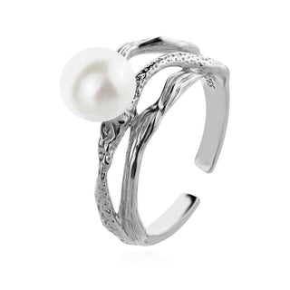 сребърен пръстен, бяла перла, родиево покритие, отворена халка