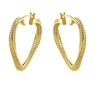 сребърни обеци, обеци тип халки, сърце, цирконий, родиево покритие