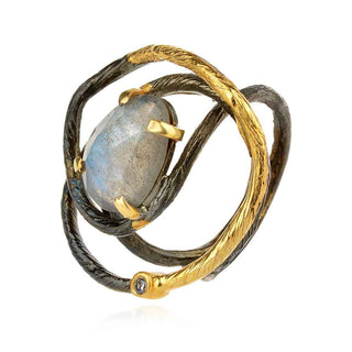 сребърен пръстен, покритие от рутений и позлата, лабрадорит