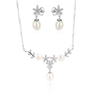 сребърен комплект, бяла перла, цирконий, родиево покритие, подходящ за повод,
