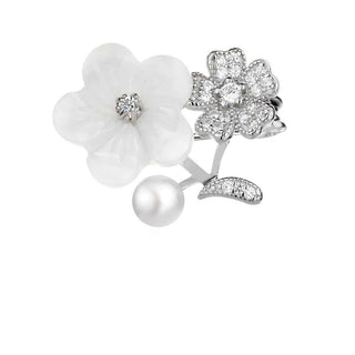 сребърна брошка, седеф, перла, цирконий, цвете