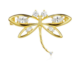 сребърна брошка, цирконий, жълта позлата, водно конче