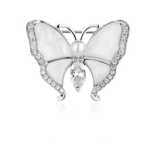 сребърна брошка, емайл, перла, цирконий, пеперуда