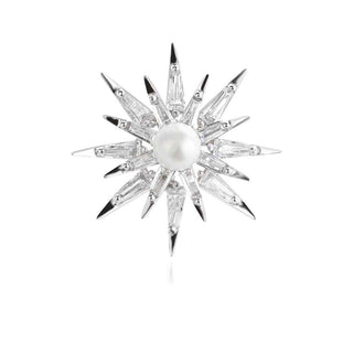 сребърна брошка, перла, цирконий, родиево покритие