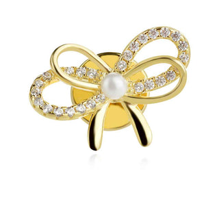 сребърна брошка, цирконий, перла, жълта позлата, панделка