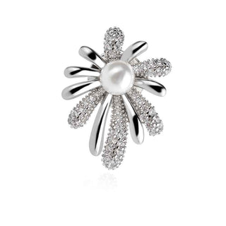 сребърна брошка, перла, цирконий, родиево покритие