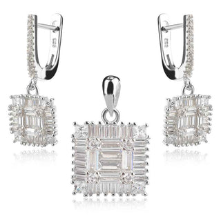 сребърен комплект, циркон багета, квадратна форма, родиево покритие