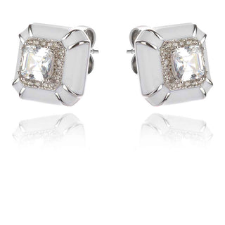 сребърни обеци, квадратна форма, бял емайл, цирконии