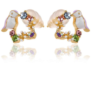 сребърни обеци птиче с позлата, емайл , кристали